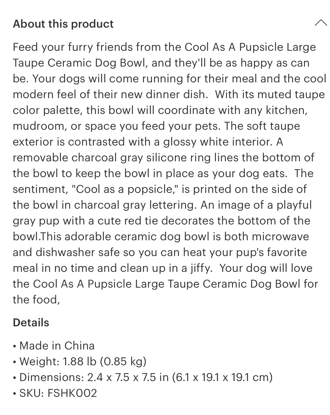 Cool As A Pupsicle Large Taupe Ceramic Dog Bowl